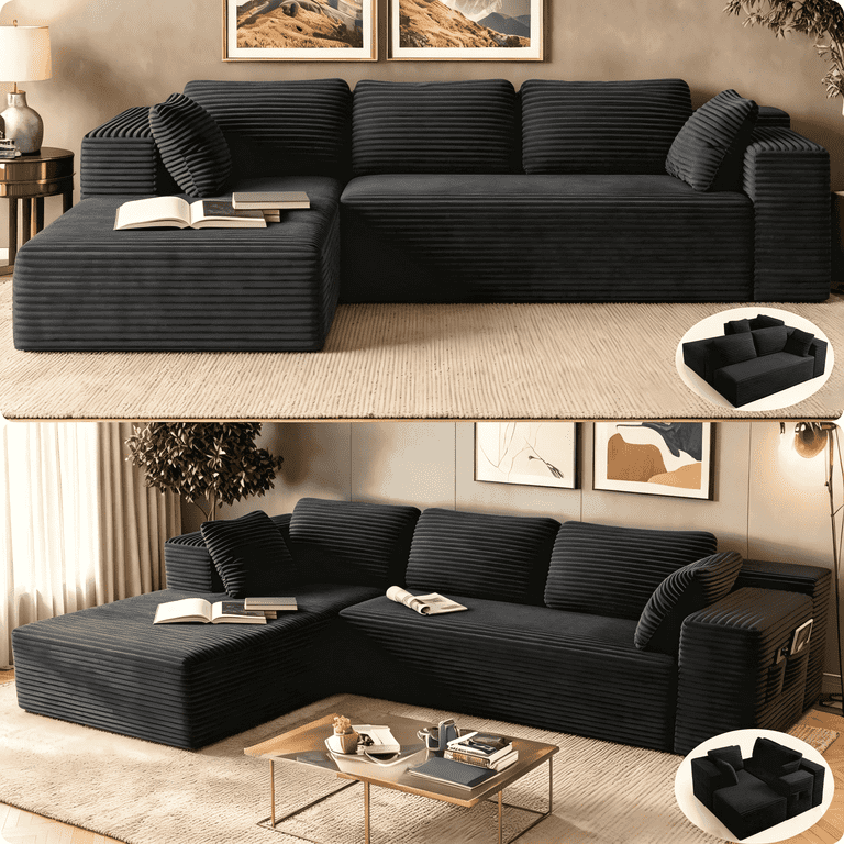 a modern black sofa in a stylish living room setting