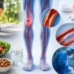 Illustration of human legs showing blood vessels with images of healthy food and medical procedures related to vascular