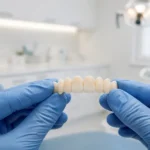 Hands in blue gloves holding a dental prosthetic in a modern dental office