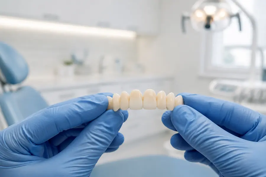 Hands in blue gloves holding a dental prosthetic in a modern dental office