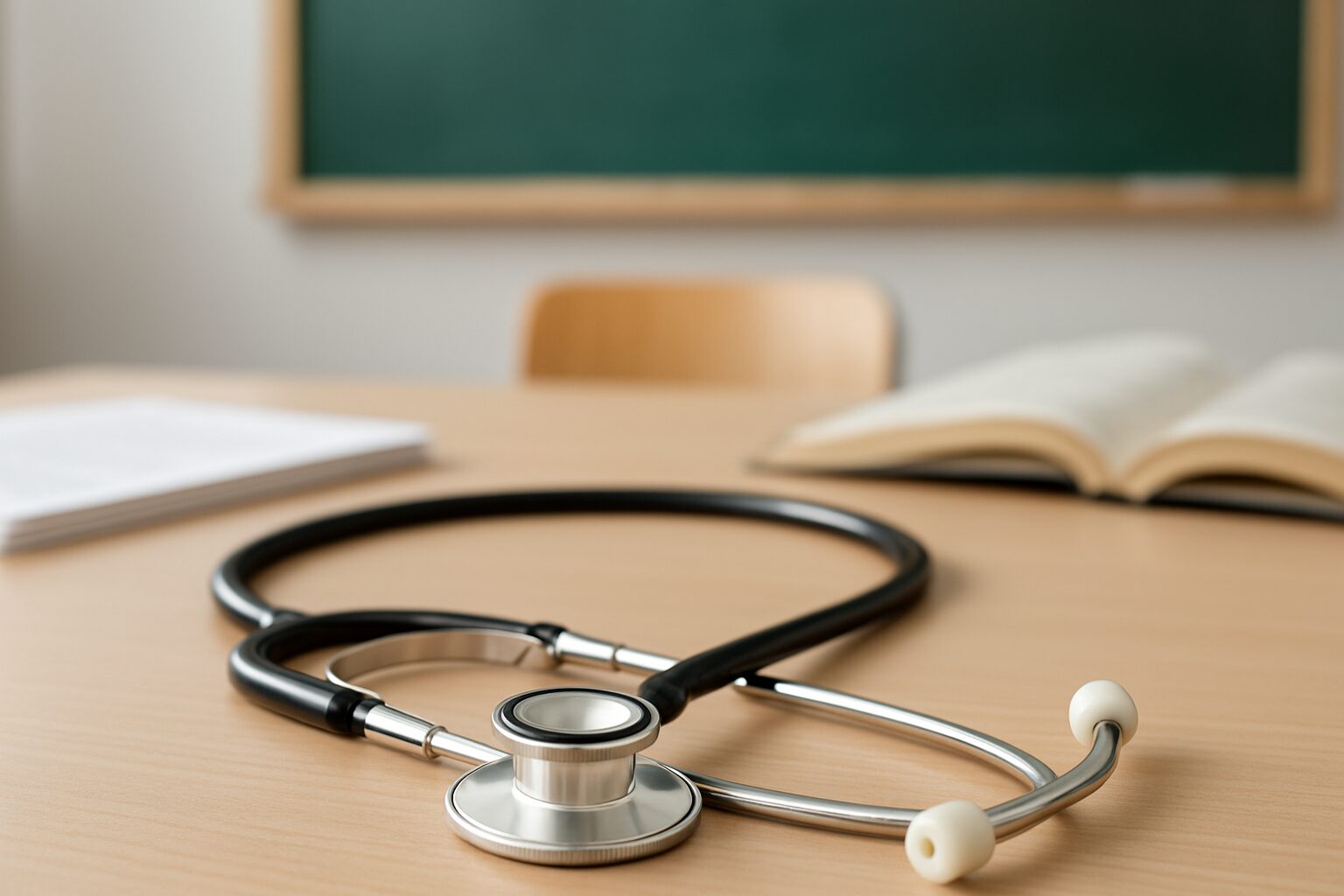 A stethoscope on a wooden table with books in the background